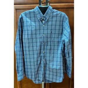 IZOD Button-Up Casual Dress Shirt Men's XL Blue Plaid Long Sleeve Chest Pocket